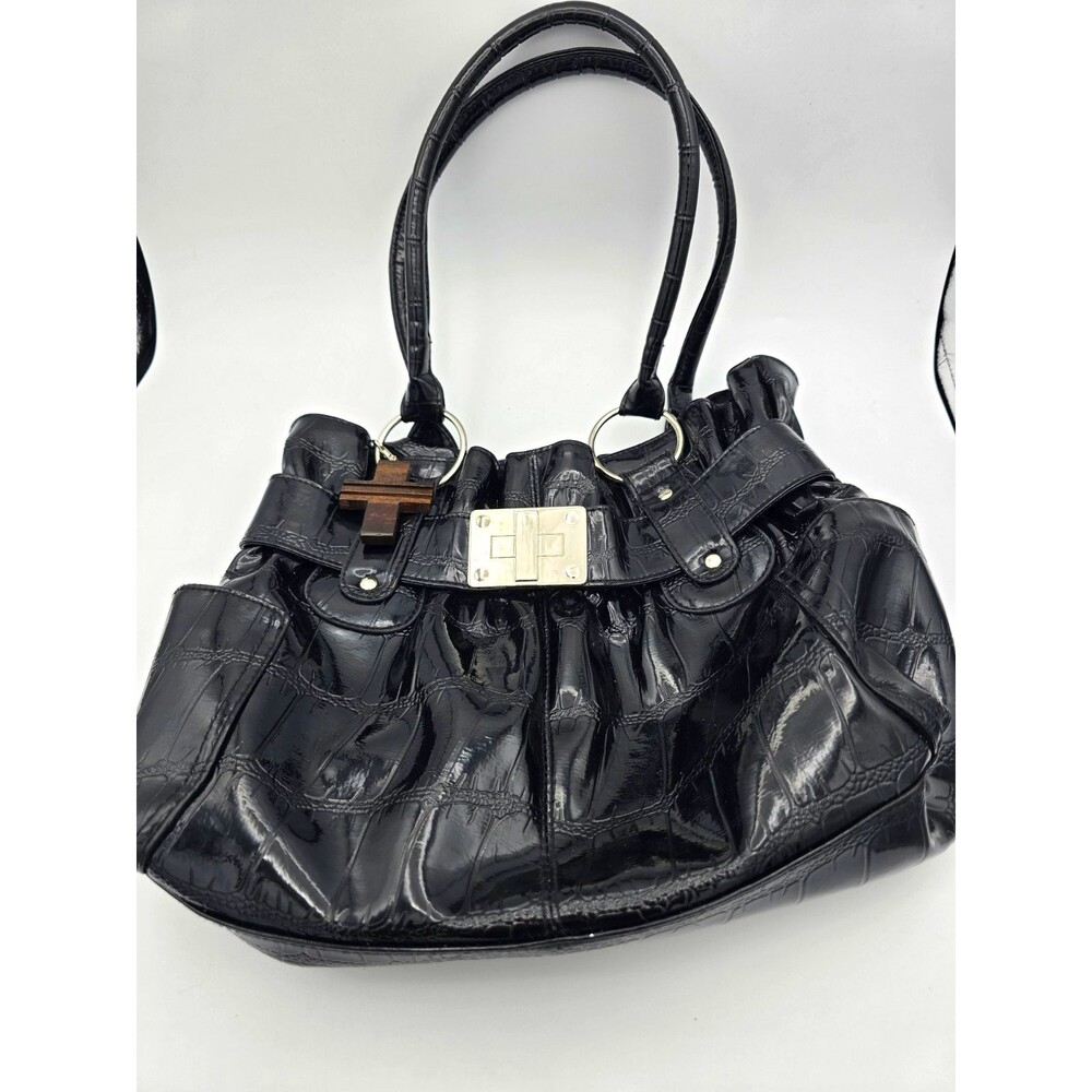 Vintage Y2K rue21 etc. Black Faux Croc Patent Shoulder Bag Hobo Slouchy Punk